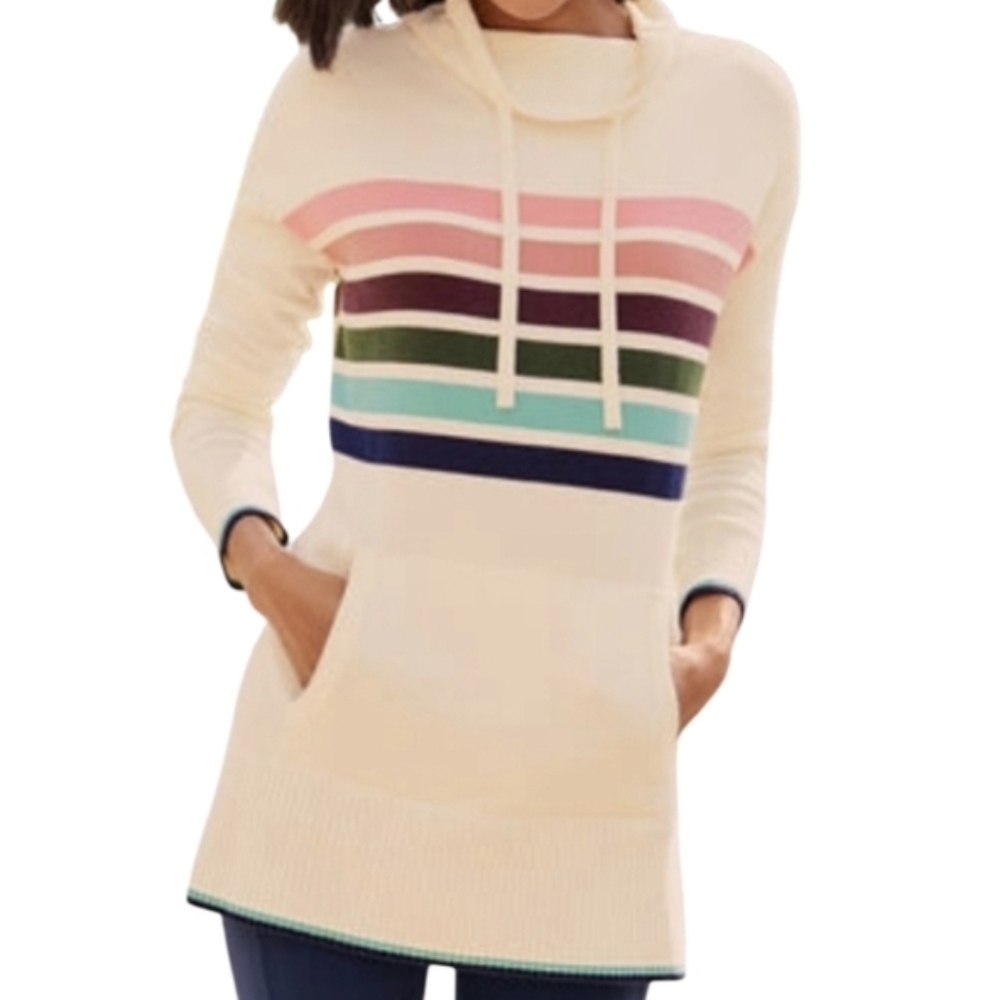 Talbots Cowlneck Stripe Coastal Sweater Tunic Hoodie White & Multicolor Size XL